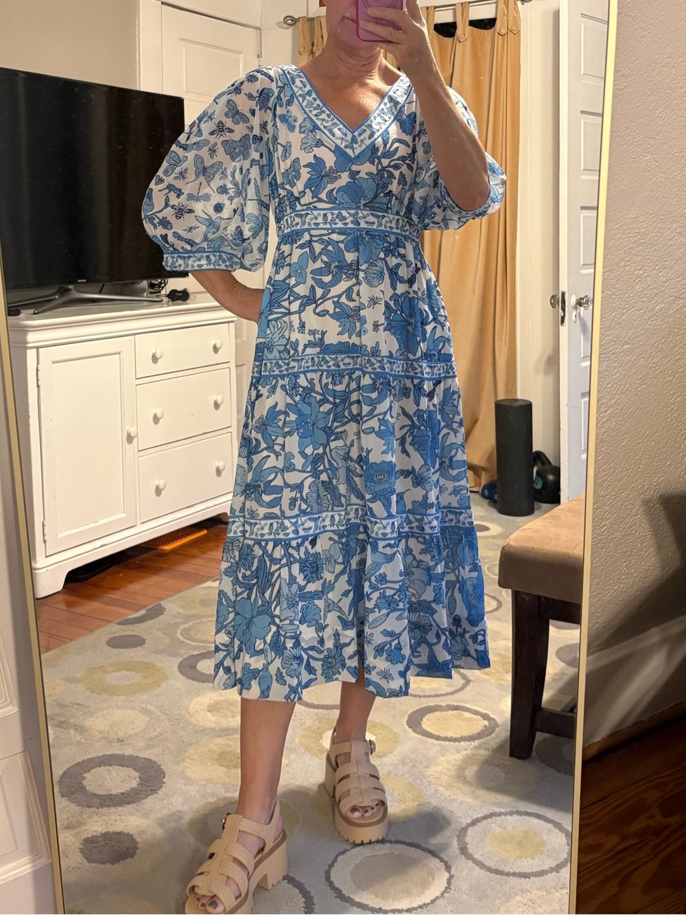 Gretchen Scott Blue Floral V-Neck Tiered Dress Maxi XS Frolic Birds Butterfly - Picture 9 of 12